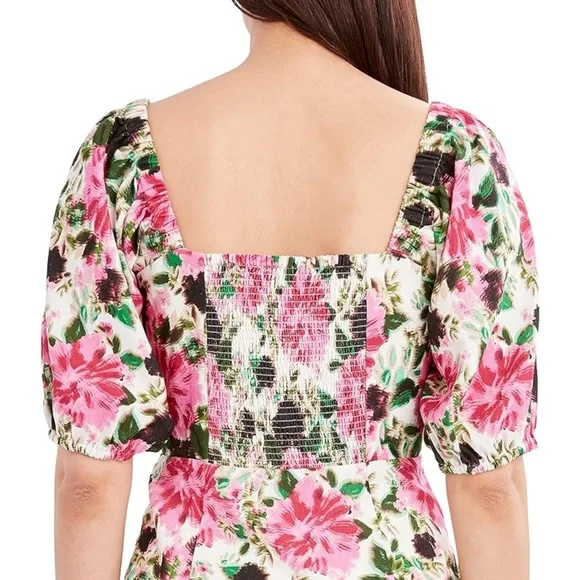 NWT BCBGMAXAZRIA Women's Fitted 3/4 Poof Sleeve Floral Front Button Peplum Top - Picture 3 of 8